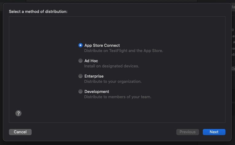 Xcode Archive Destination Method App Store Connect